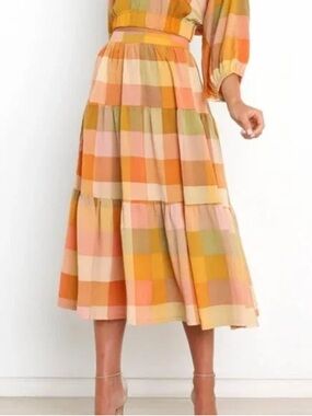 Petal & Pup nazzano Plaid Tiered Midi Skirt in Peach, Coral & Mustard